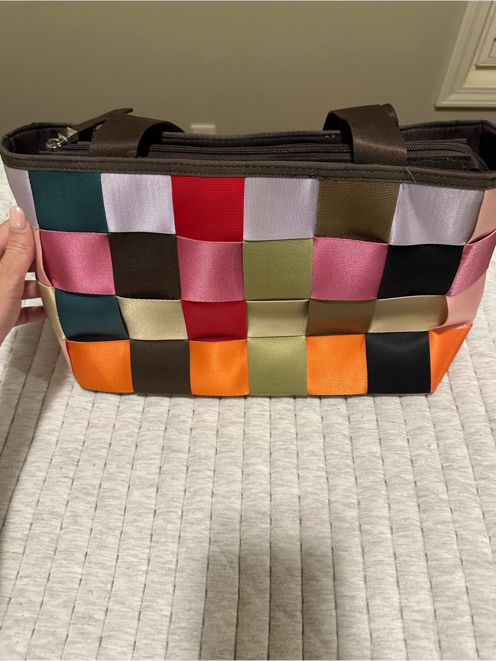 Woven Multi-Color Satin Tote Bag - Stylish Patchwork Design
